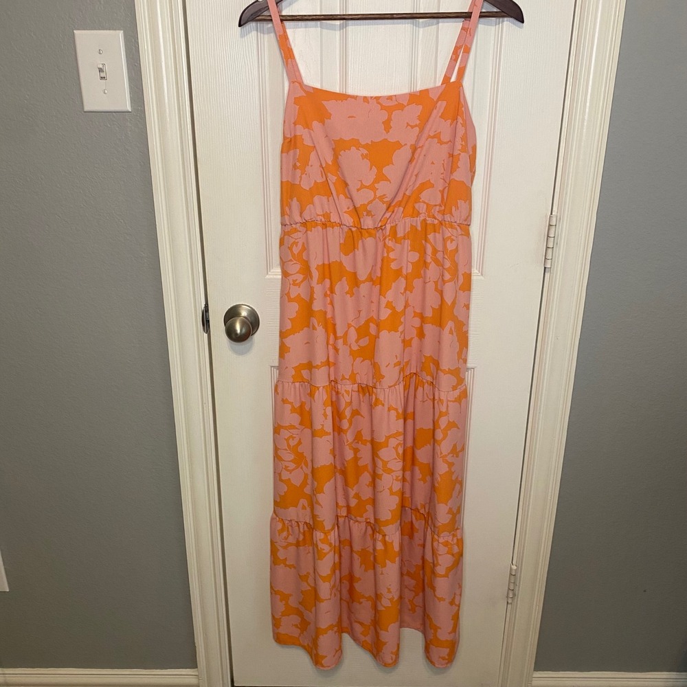 Social Standard by Sanctuary Midi Dress Womens Large Floral Tiered Melon Orange